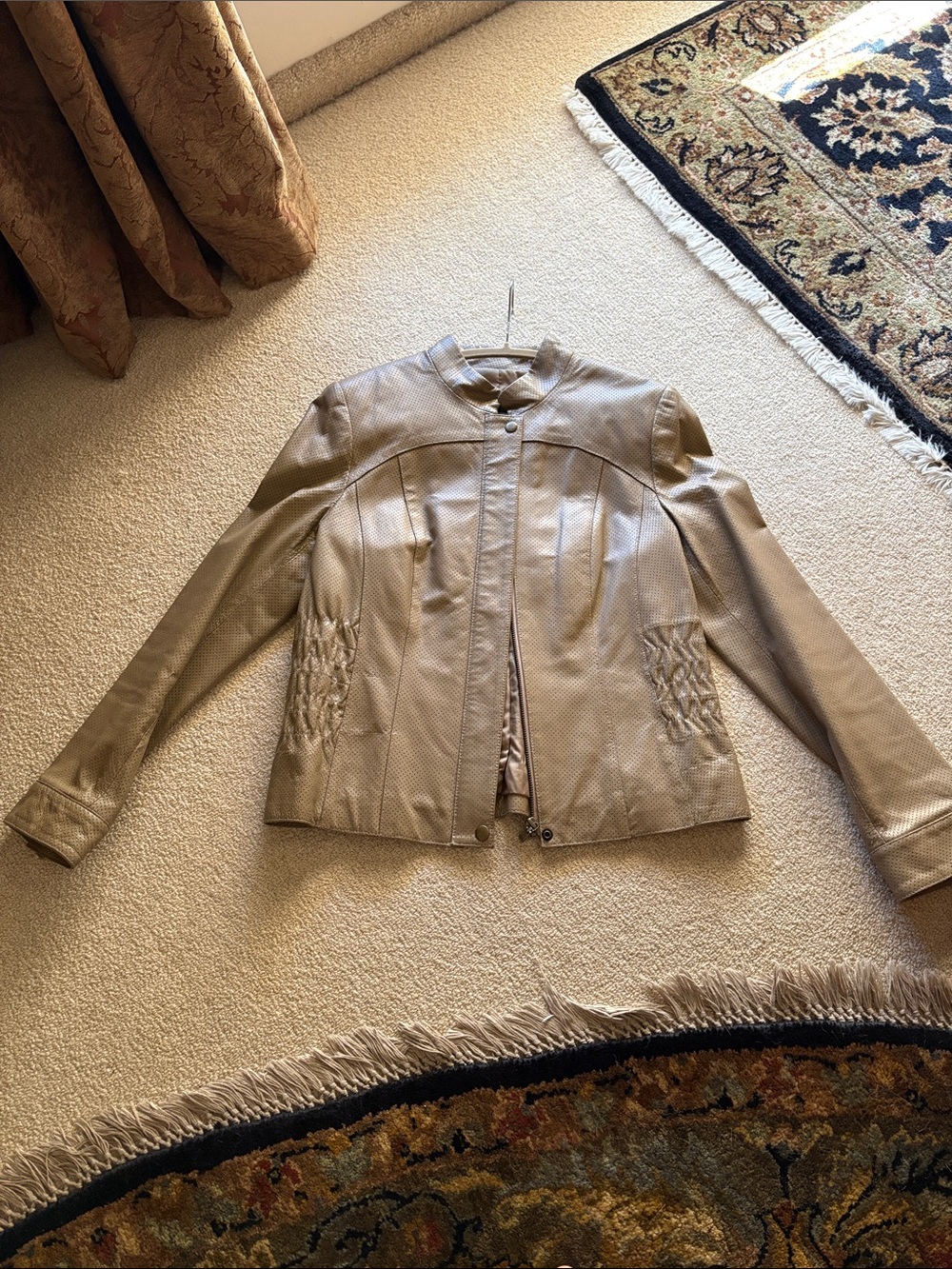 Alfani beige leather jacket with rushing details on sides